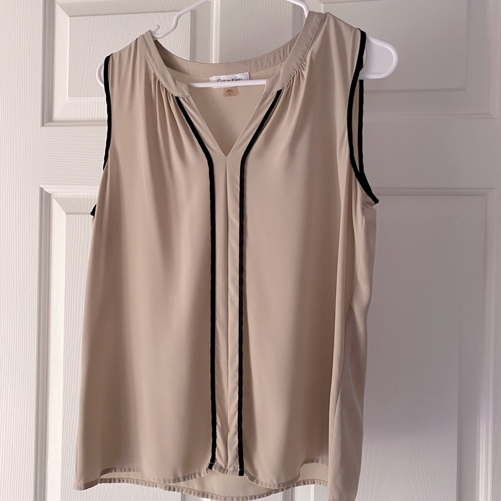 Tan V-neck Blouse with Black Trim